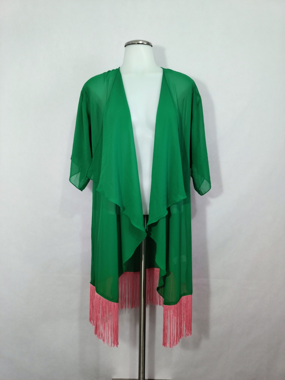 LuLaRoe Green Sheer Kimono with Pink Fringe Trim